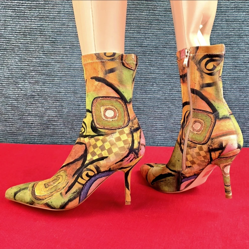 Vivianly Pointy Toe Stiletto Heels Printed Sock Ankle Booties - Picture 6 of 16
